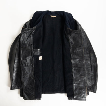 1940s "Le Corbusier" French Black Leather Double Breasted Jacket with Wool Collar