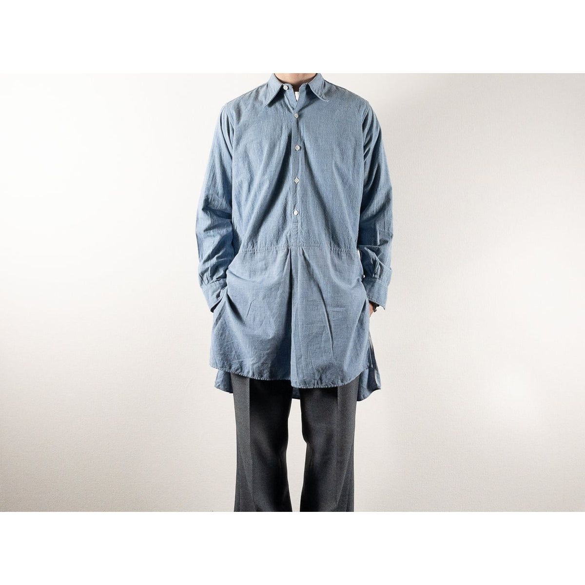 1930s-40s "French Vintage" Cotton Blue Chambray Grandpa Work Shirt