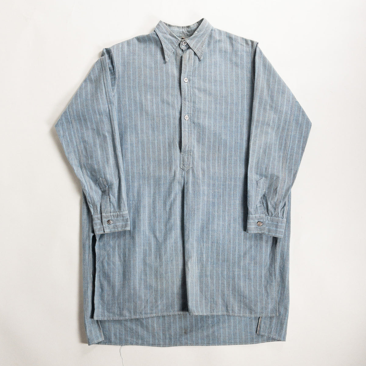 1940-50s "French Vintage" Blue × Gray Stripe Grandpa Work Shirt