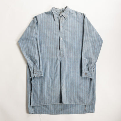 1940-50s "French Vintage" Blue × Gray Stripe Grandpa Work Shirt