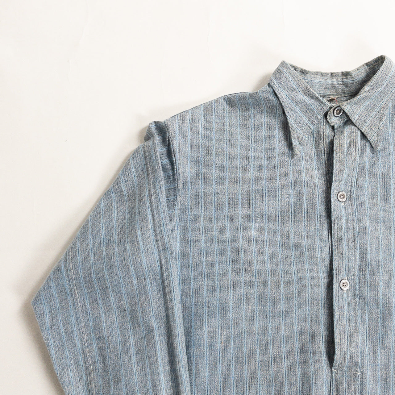 1940-50s "French Vintage" Blue × Gray Stripe Grandpa Work Shirt