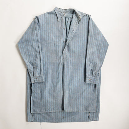 1940-50s "French Vintage" Blue × Gray Stripe Grandpa Work Shirt