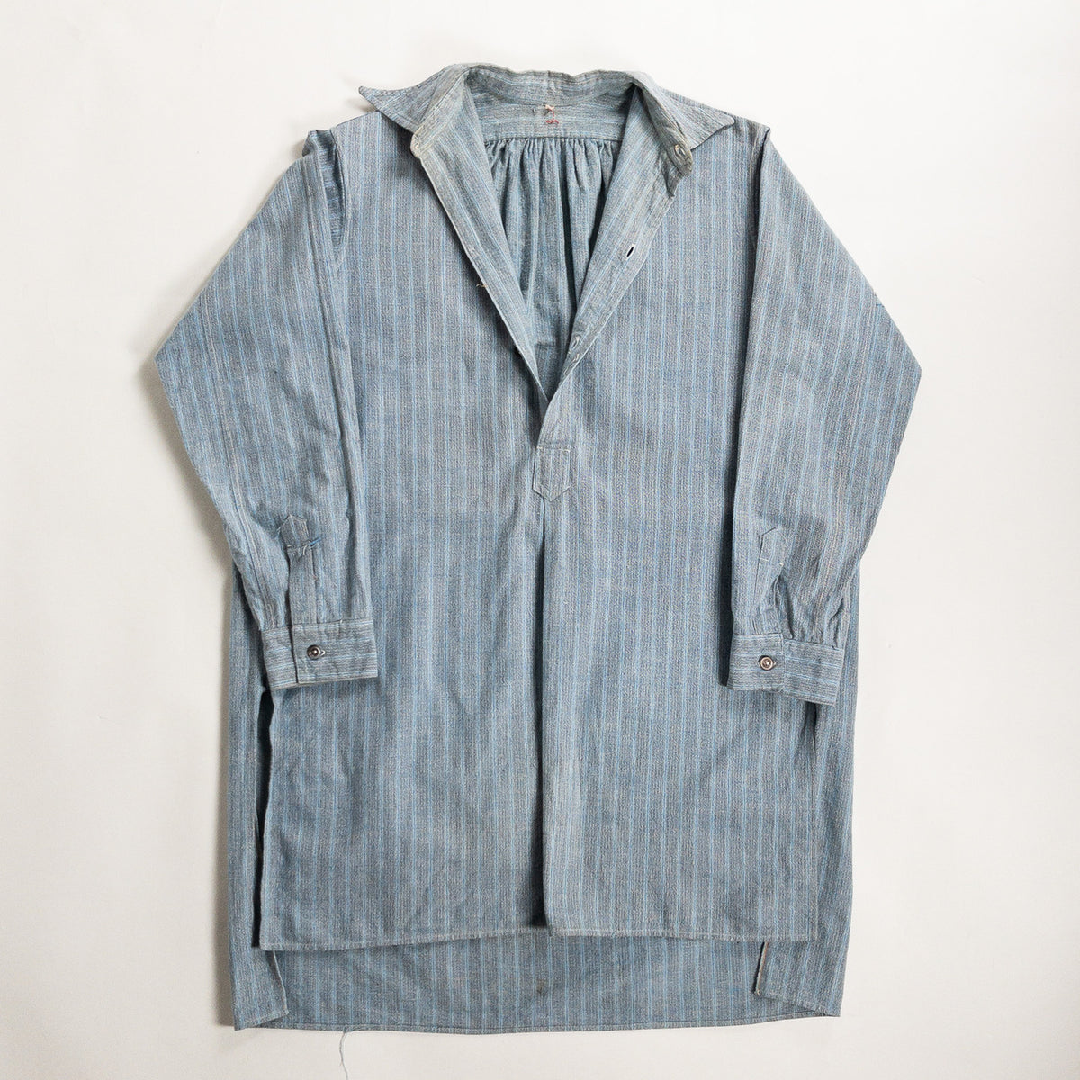 1940-50s "French Vintage" Blue × Gray Stripe Grandpa Work Shirt