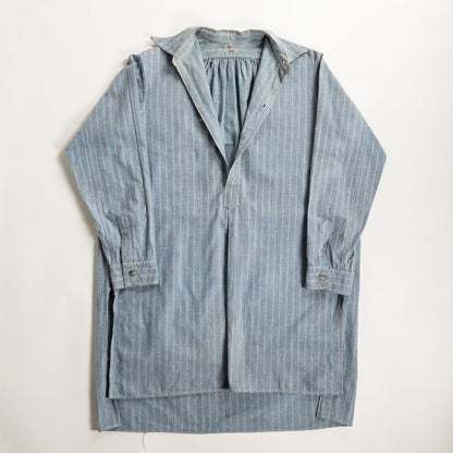 1940-50s "French Vintage" Blue × Gray Stripe Grandpa Work Shirt