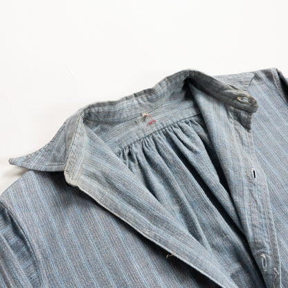 1940-50s "French Vintage" Blue × Gray Stripe Grandpa Work Shirt