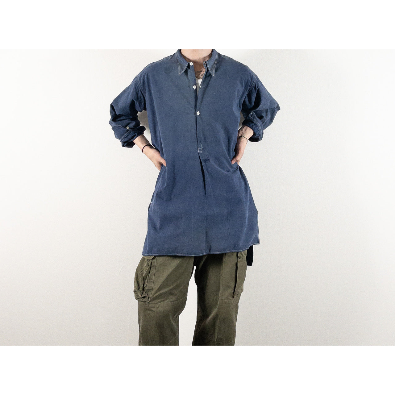 1940s "French Vintage" Blue Cotton Twill Grandpa Work Shirt