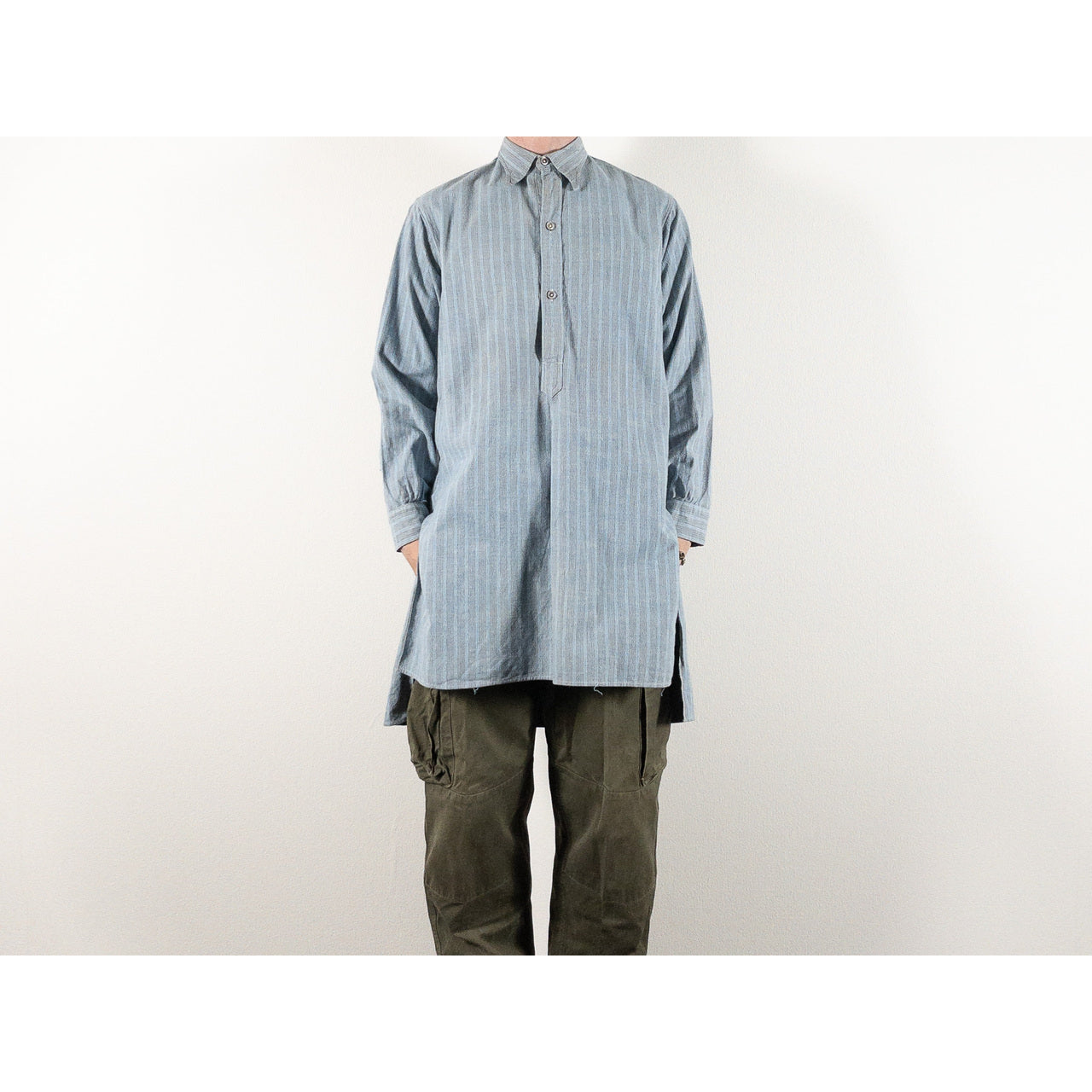 1940-50s "French Vintage" Blue × Gray Stripe Grandpa Work Shirt