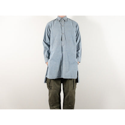 1940-50s "French Vintage" Blue × Gray Stripe Grandpa Work Shirt