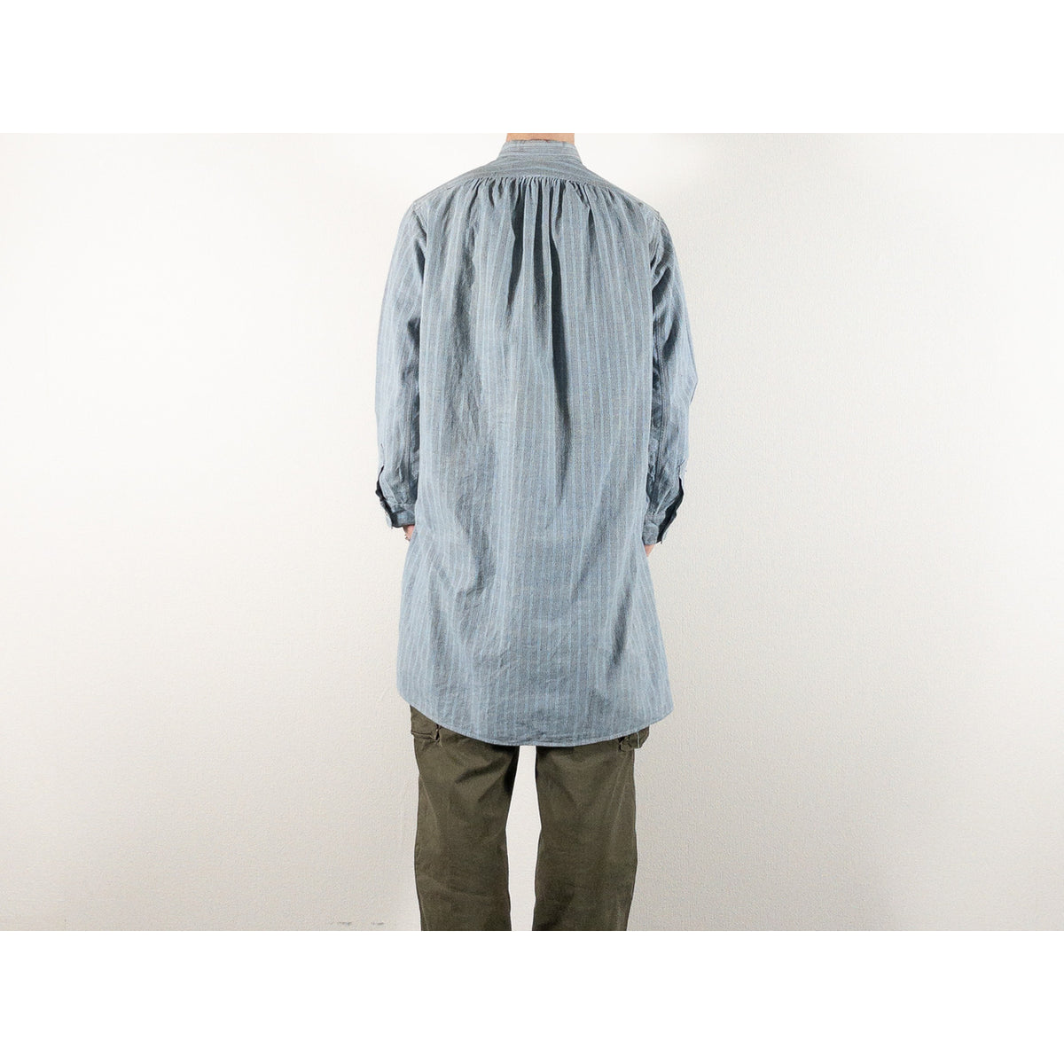 1940-50s "French Vintage" Blue × Gray Stripe Grandpa Work Shirt