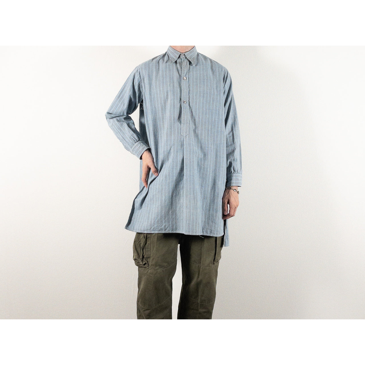 1940-50s "French Vintage" Blue × Gray Stripe Grandpa Work Shirt