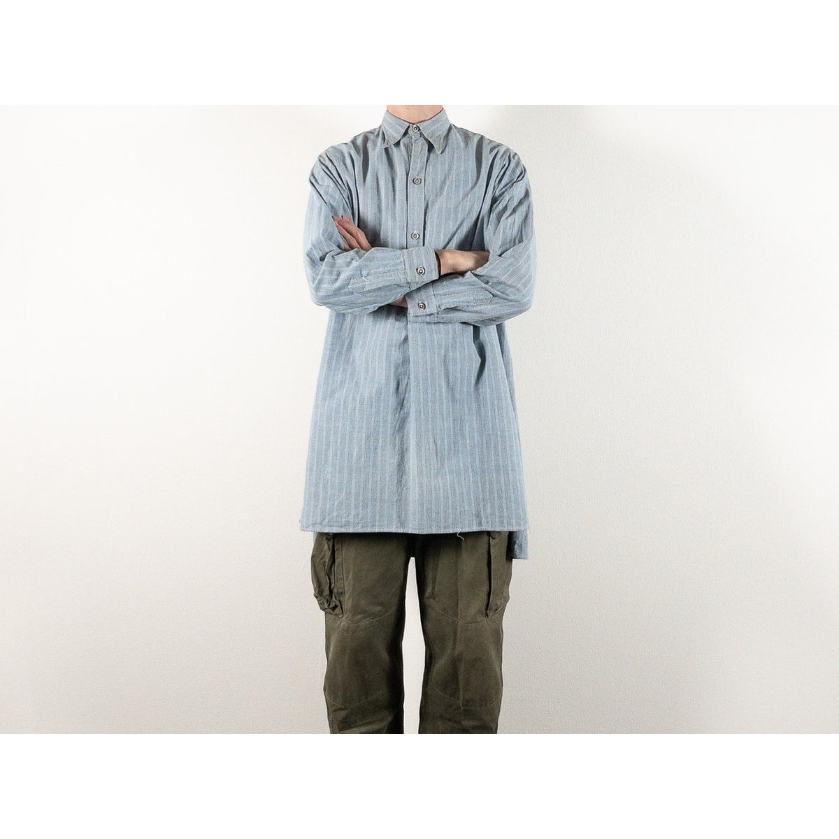 1940-50s "French Vintage" Blue × Gray Stripe Grandpa Work Shirt