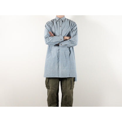1940-50s "French Vintage" Blue × Gray Stripe Grandpa Work Shirt