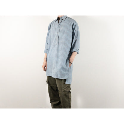 1940-50s "French Vintage" Blue × Gray Stripe Grandpa Work Shirt