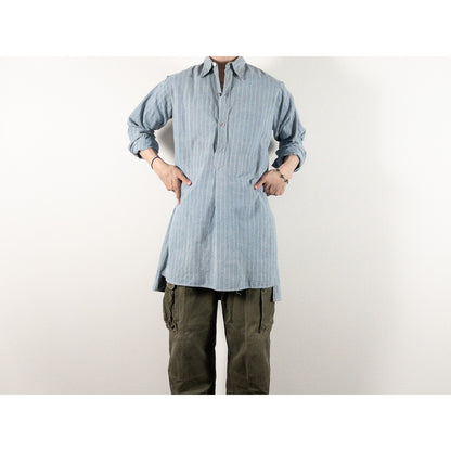 1940-50s "French Vintage" Blue × Gray Stripe Grandpa Work Shirt