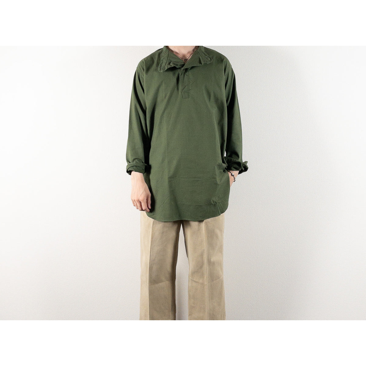 1950s "Swedish Army" Olive Cotton Pullover Shirt, Dead Stock