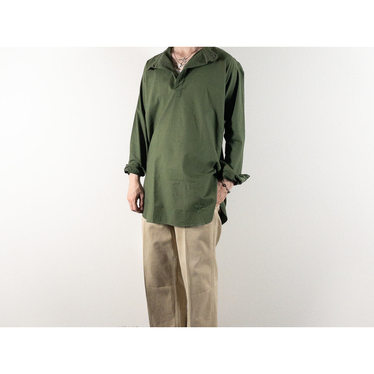1950s "Swedish Army" Olive Cotton Pullover Shirt, Dead Stock