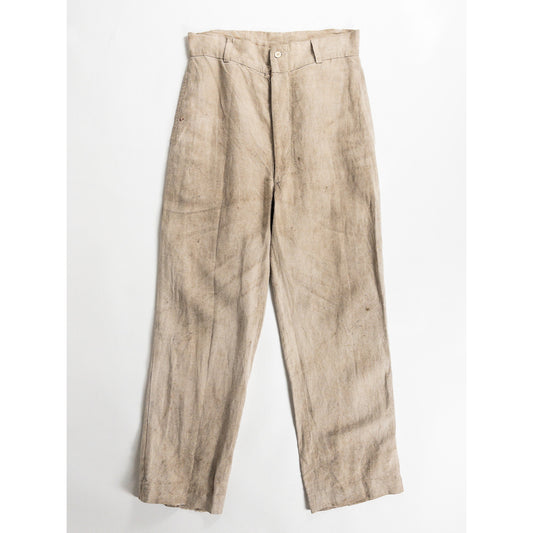 1930-40s "French Vintage" Brown Beige Linen Work Trousers