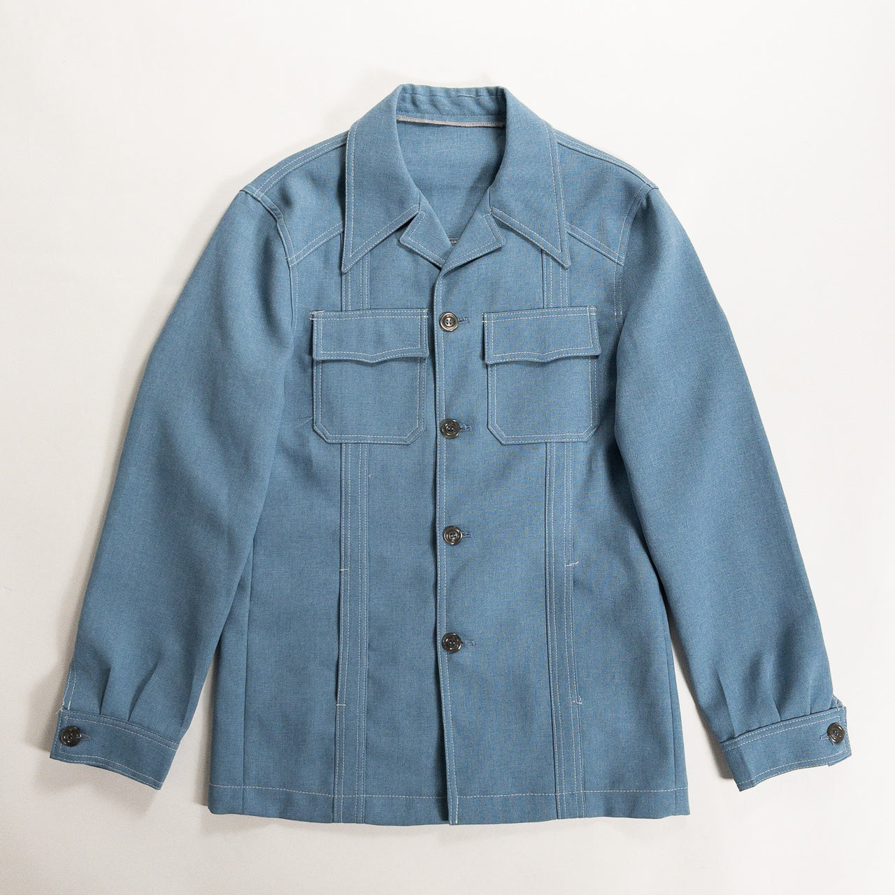 1970s "Euro Vintage" Smoke Blue Polyester Long Point Collar Shirt Jacket