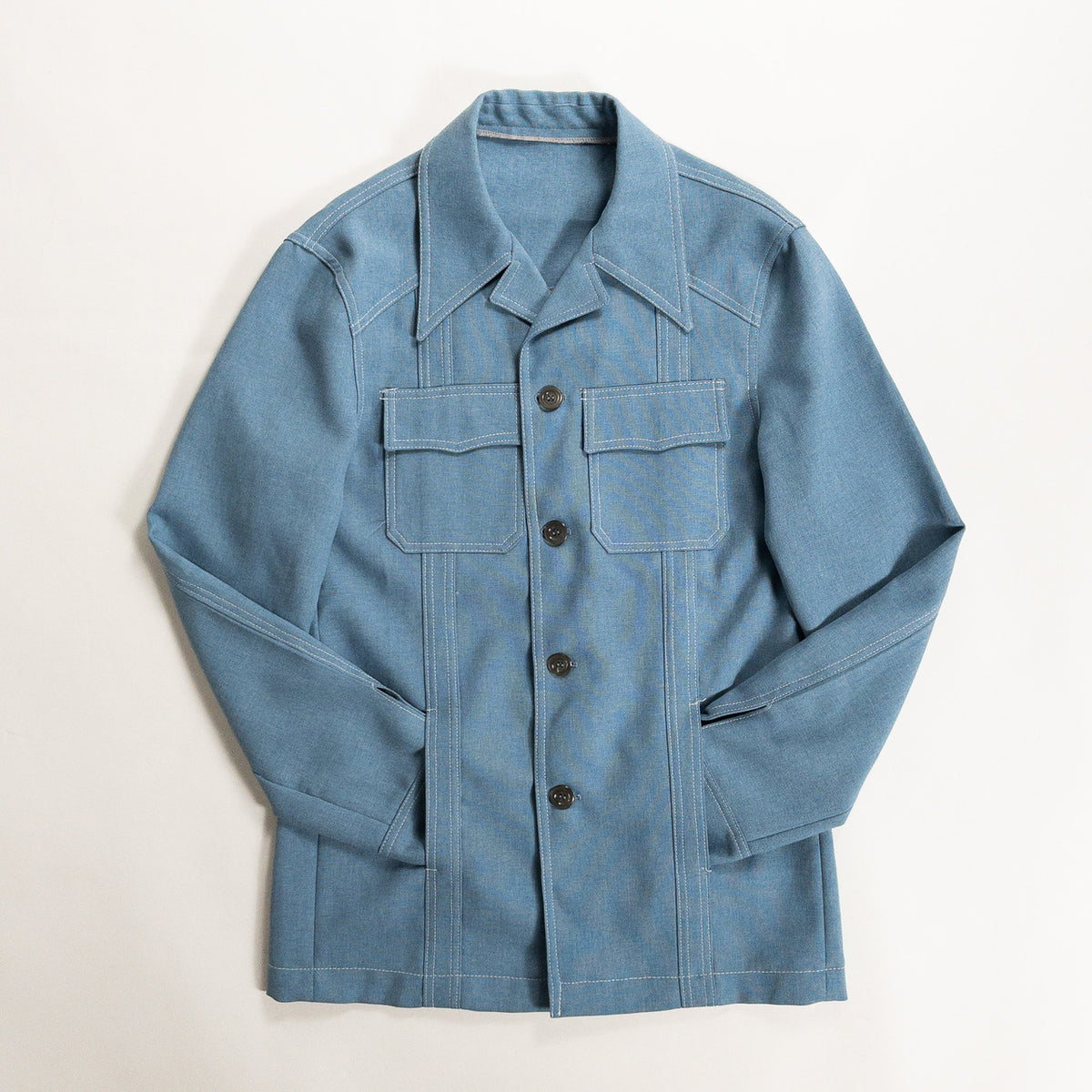 1970s "Euro Vintage" Smoke Blue Polyester Long Point Collar Shirt Jacket