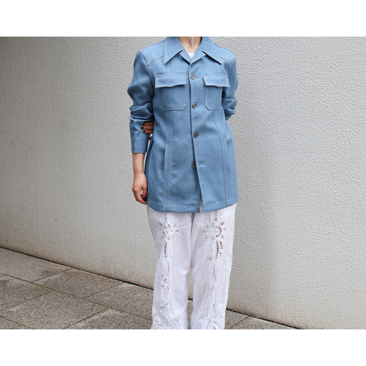 1970s "Euro Vintage" Smoke Blue Polyester Long Point Collar Shirt Jacket