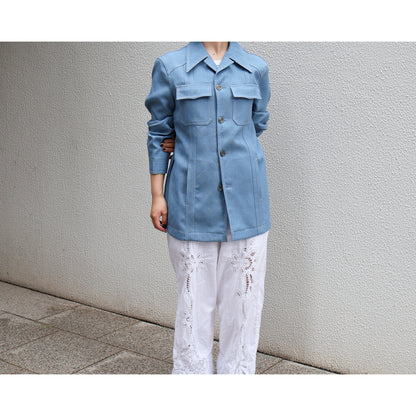 1970s "Euro Vintage" Smoke Blue Polyester Long Point Collar Shirt Jacket