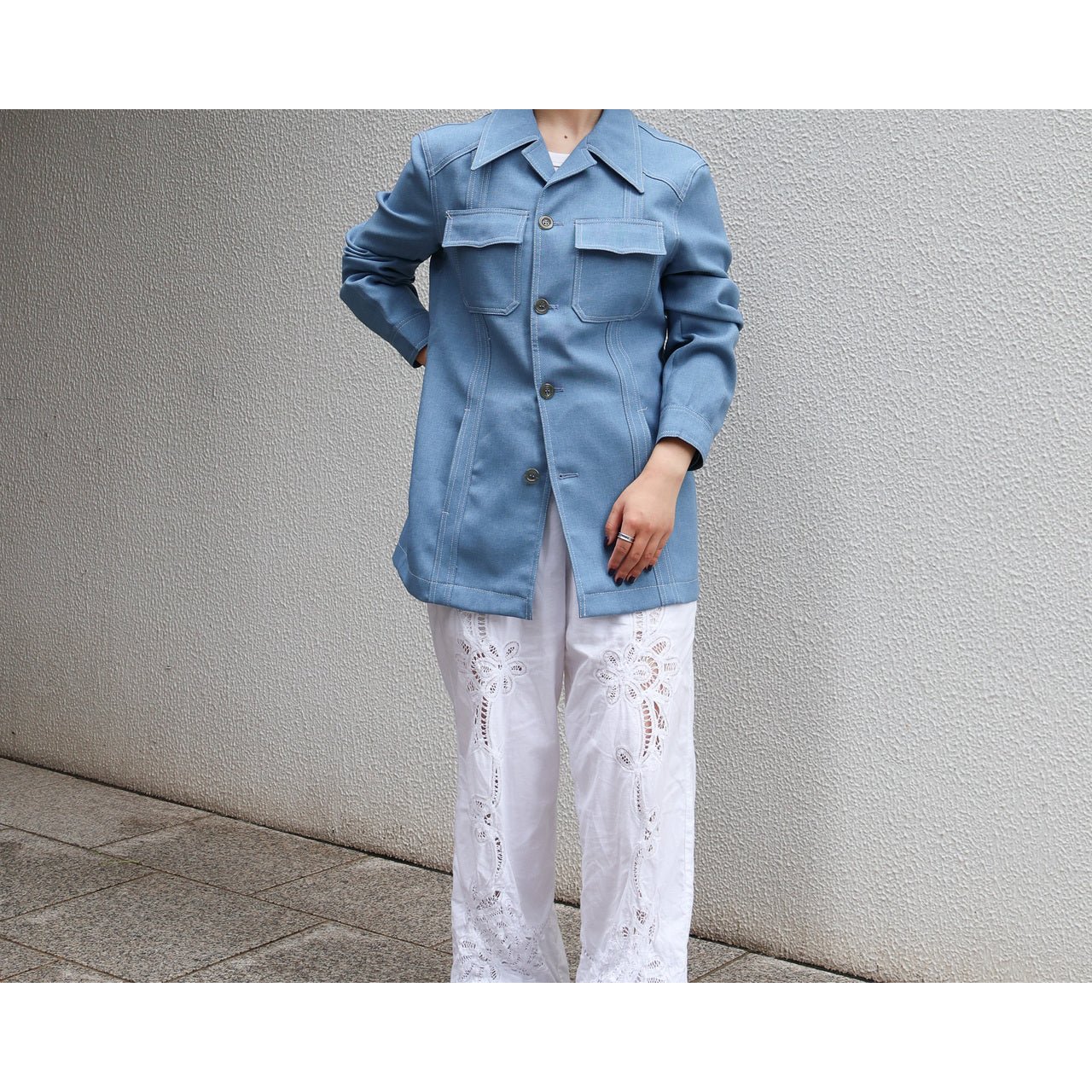 1970s "Euro Vintage" Smoke Blue Polyester Long Point Collar Shirt Jacket