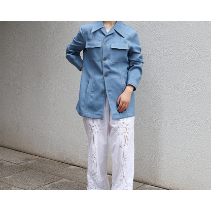 1970s "Euro Vintage" Smoke Blue Polyester Long Point Collar Shirt Jacket