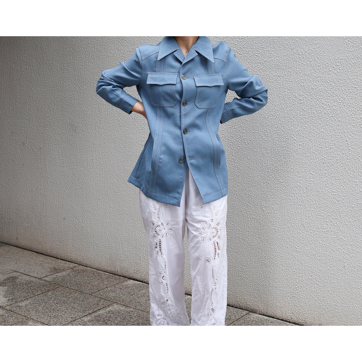 1970s "Euro Vintage" Smoke Blue Polyester Long Point Collar Shirt Jacket