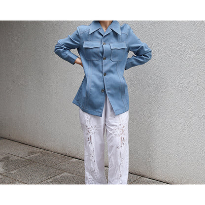 1970s "Euro Vintage" Smoke Blue Polyester Long Point Collar Shirt Jacket