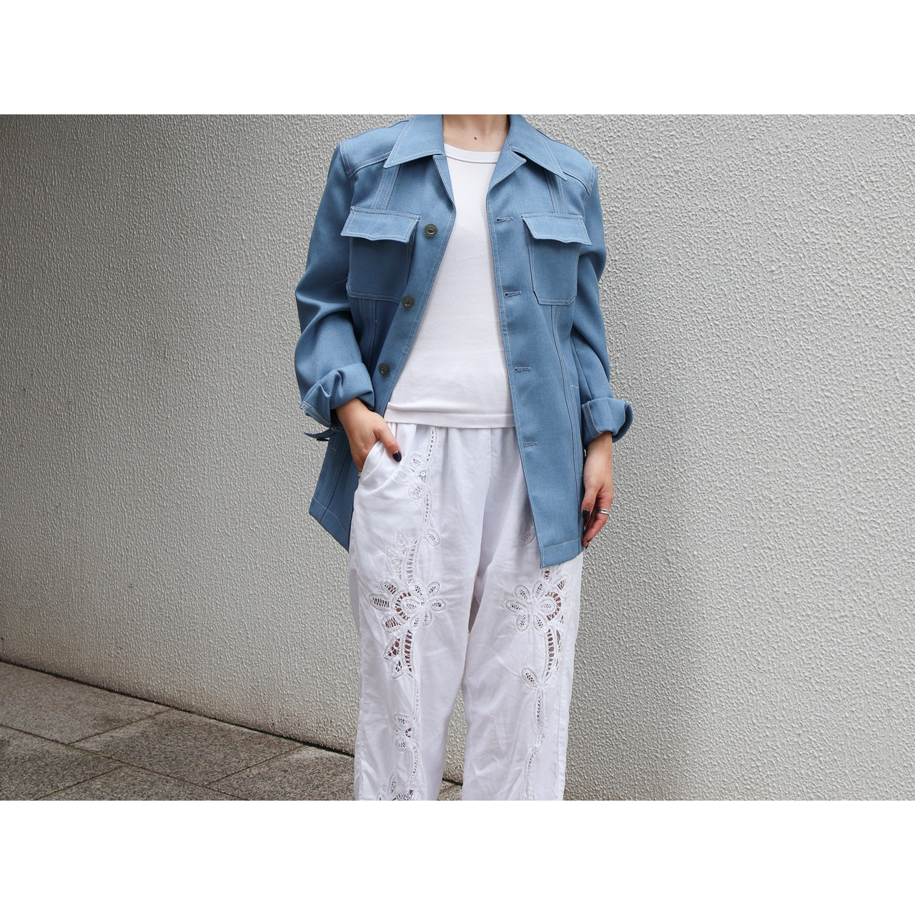 1970s "Euro Vintage" Smoke Blue Polyester Long Point Collar Shirt Jacket