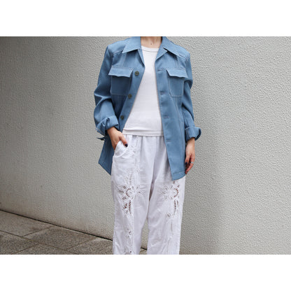 1970s "Euro Vintage" Smoke Blue Polyester Long Point Collar Shirt Jacket