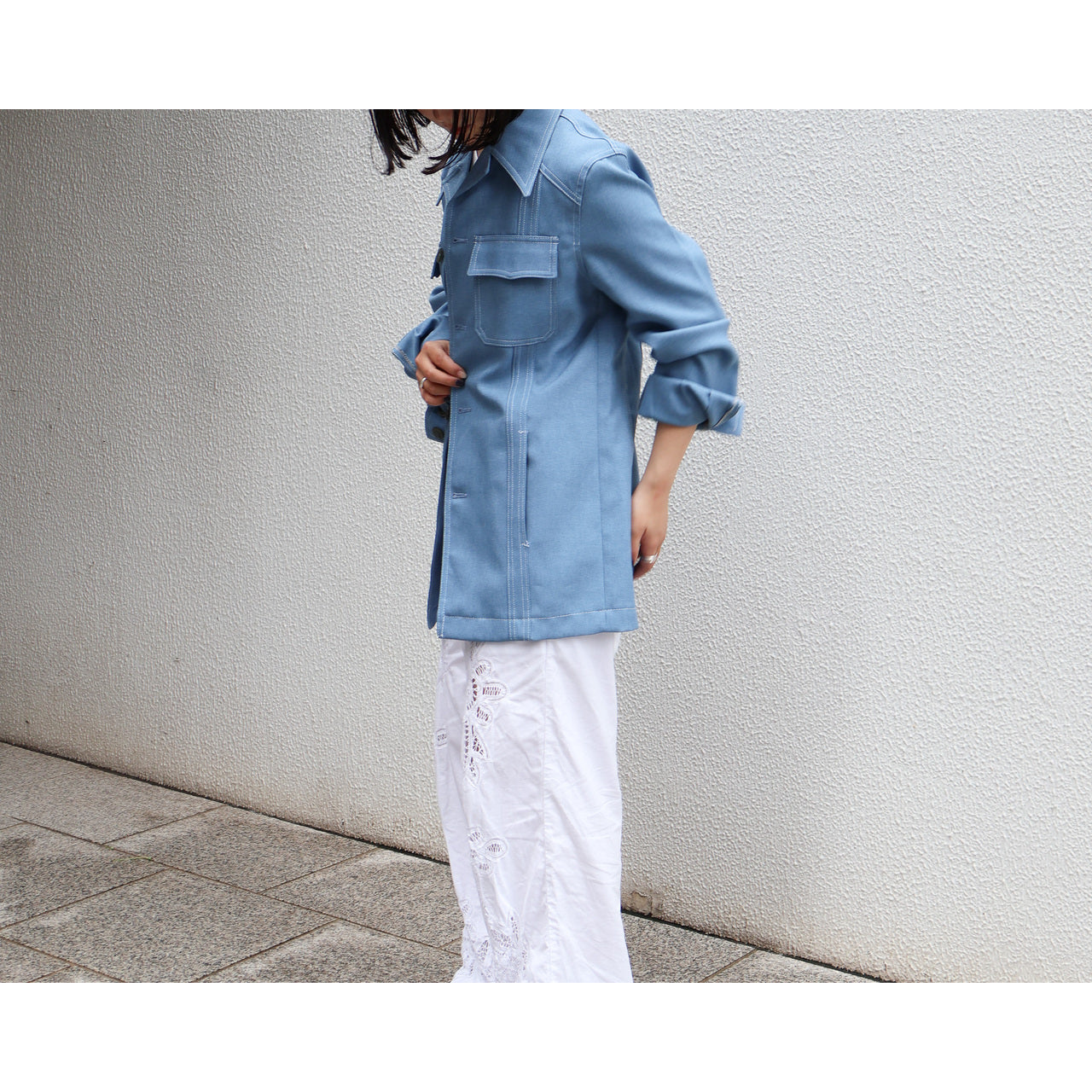 1970s "Euro Vintage" Smoke Blue Polyester Long Point Collar Shirt Jacket