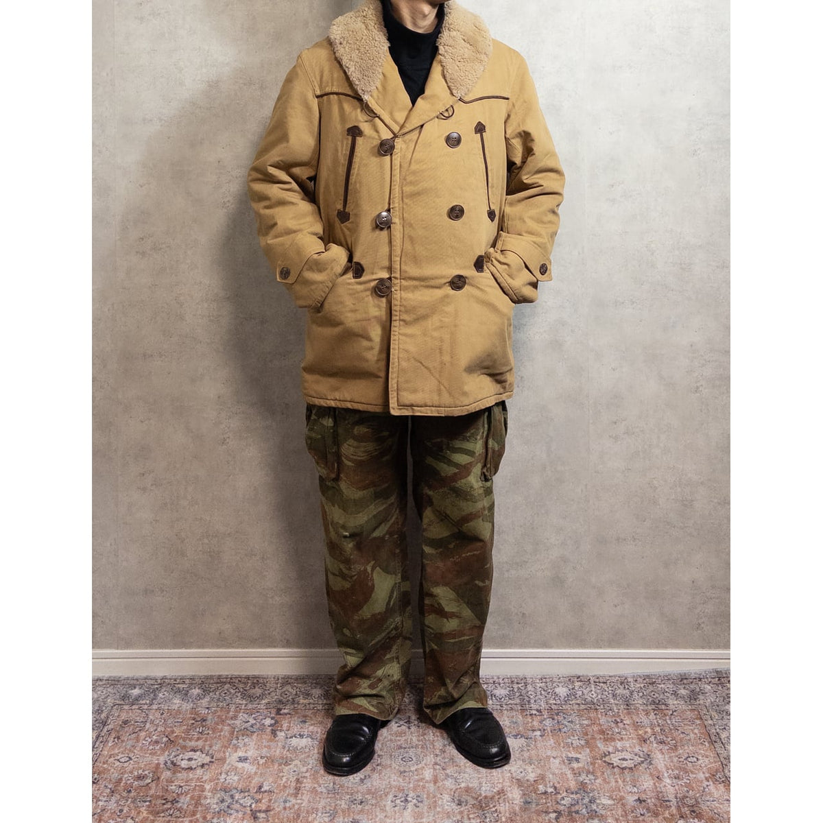1940-50s "French Vintage" Canadienne Mackinaw Coat with "WW2 German Air Force Camo" Fabric