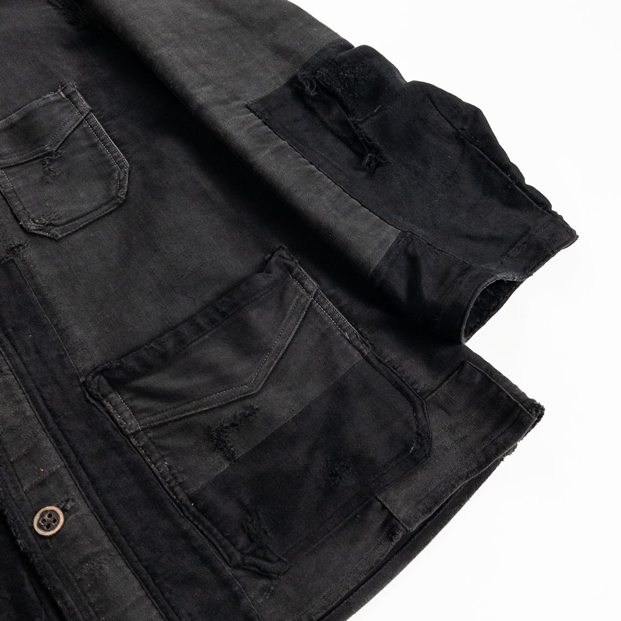 1930s "Le Mont Rouge" Faded Patchwork Black Moleskin Work Jacket with V Pockets