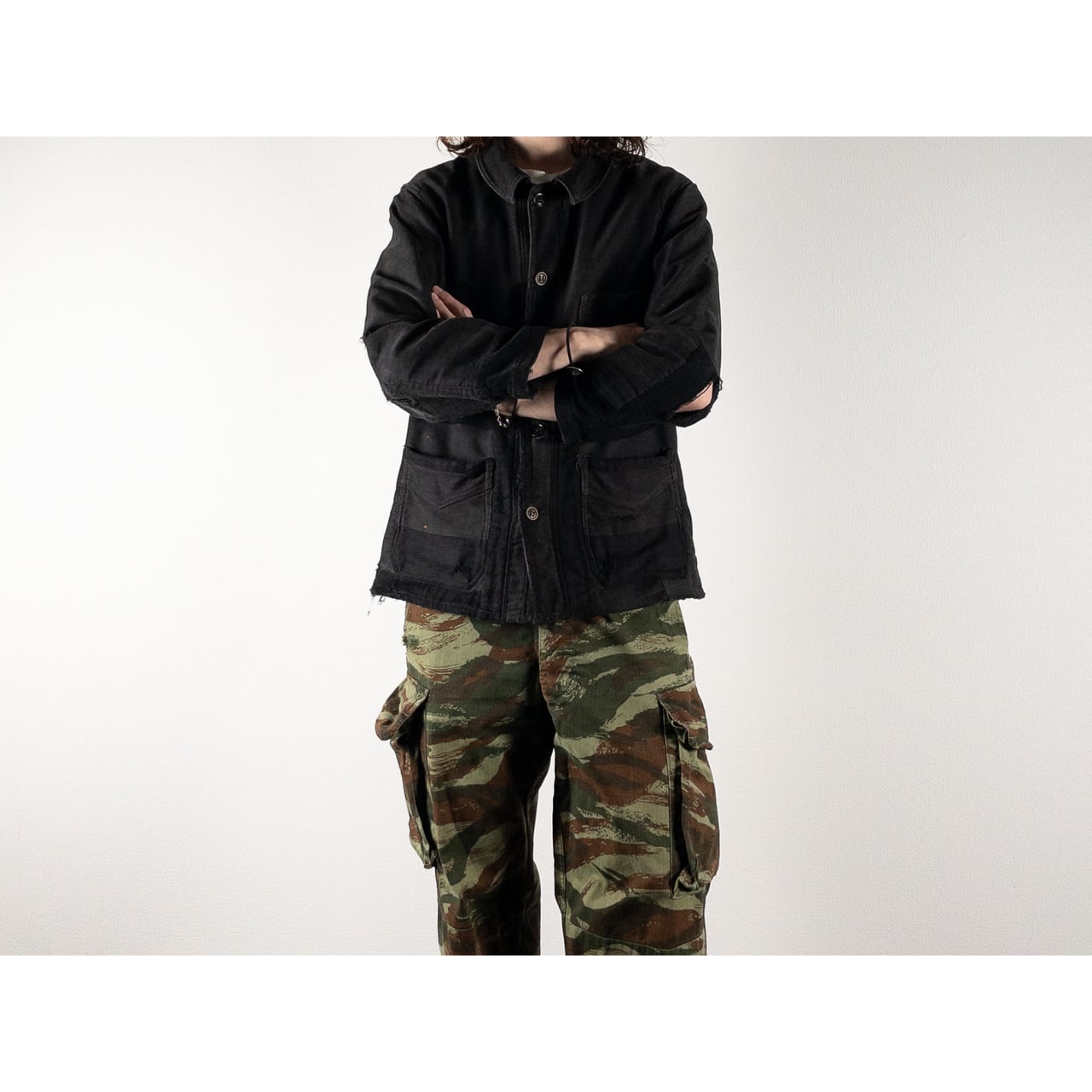 1930s "Le Mont Rouge" Faded Patchwork Black Moleskin Work Jacket with V Pockets