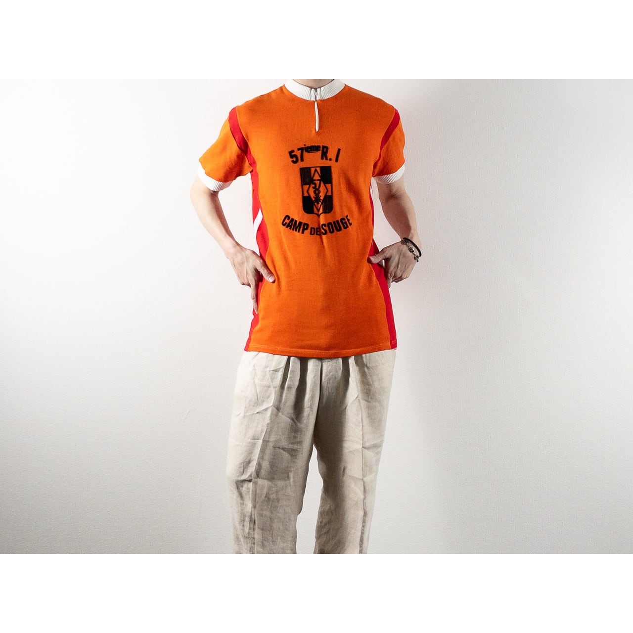 1960-70s "57eme R.I.Camp de Souge" Orenge Cotton Knit Half Zip-Up Sport Tee Shirt