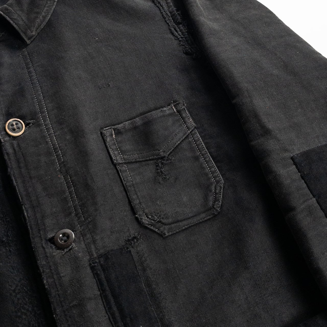 1930s "Le Mont Rouge" Faded Patchwork Black Moleskin Work Jacket with V Pockets
