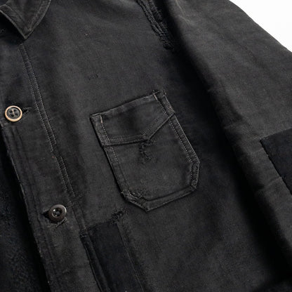 1930s "Le Mont Rouge" Faded Patchwork Black Moleskin Work Jacket with V Pockets