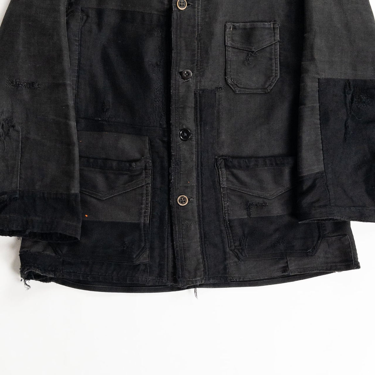 1930s "Le Mont Rouge" Faded Patchwork Black Moleskin Work Jacket with V Pockets