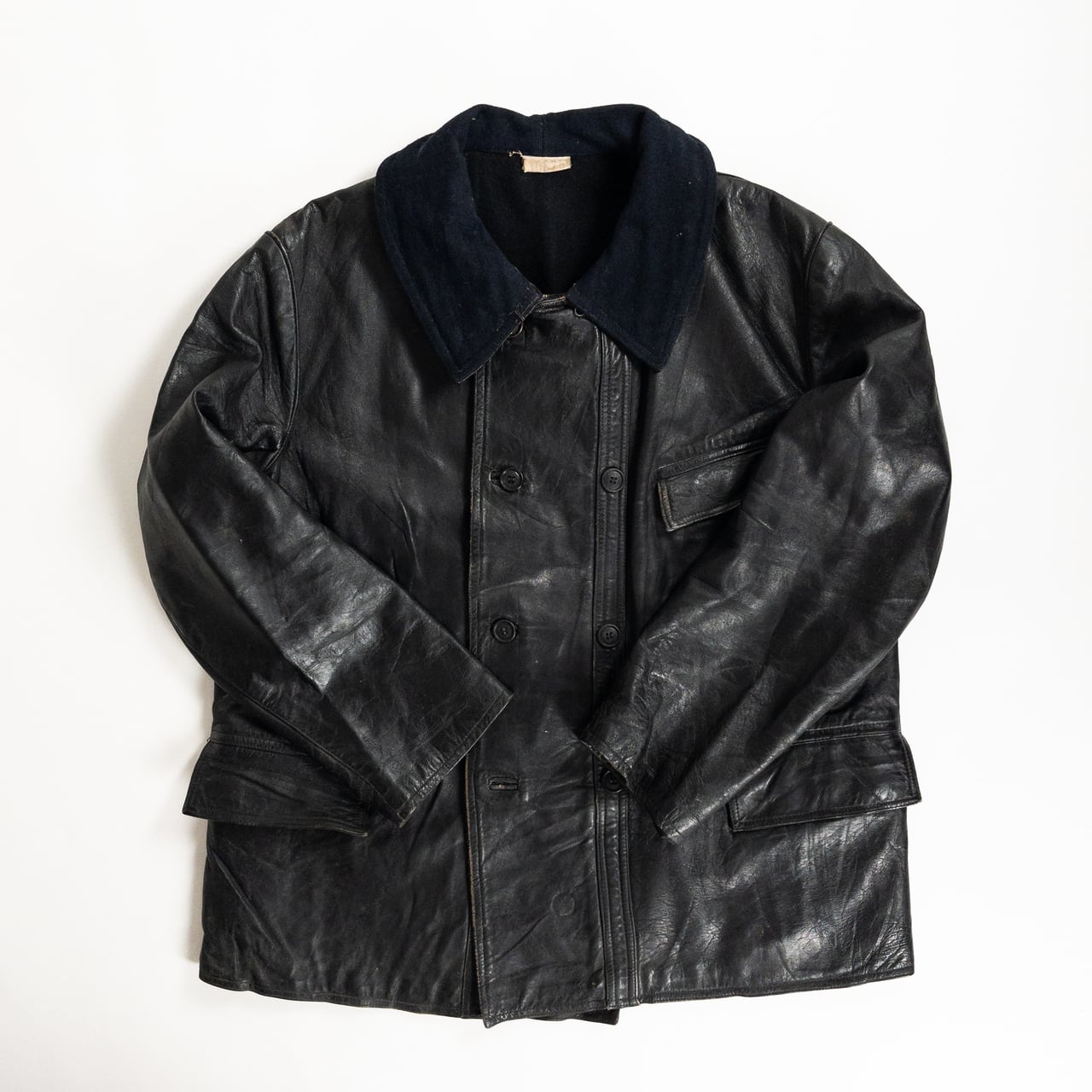 1940s "Le Corbusier" French Black Leather Double Breasted Jacket with Wool Collar