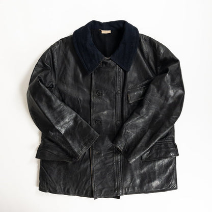 1940s "Le Corbusier" French Black Leather Double Breasted Jacket with Wool Collar