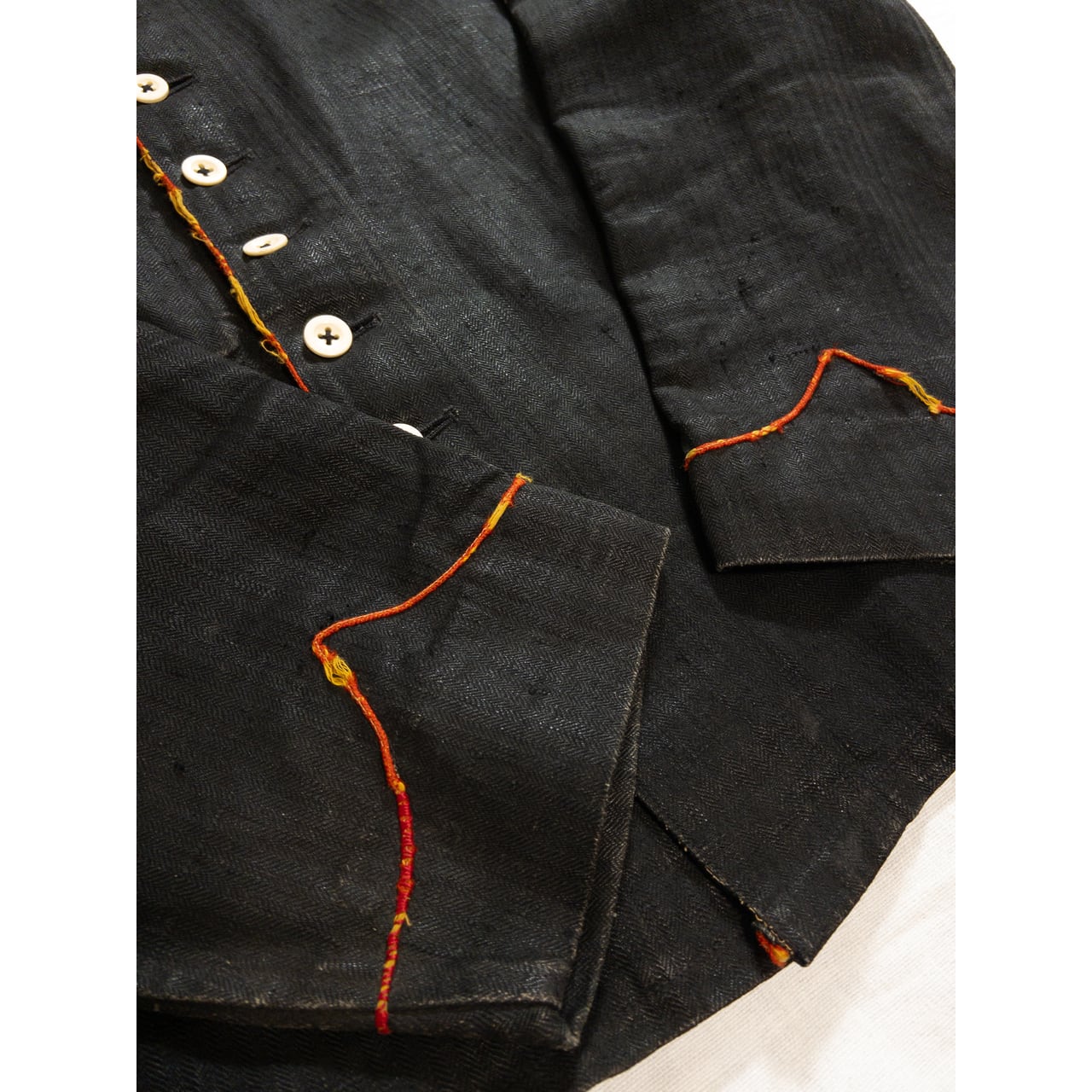 1900s Special "French Antique" Black Herringbone Linen Fireman Jacket, Big Size