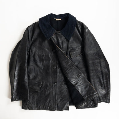 1940s "Le Corbusier" French Black Leather Double Breasted Jacket with Wool Collar