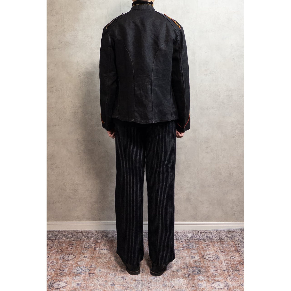 1900s Special "French Antique" Black Herringbone Linen Fireman Jacket, Big Size