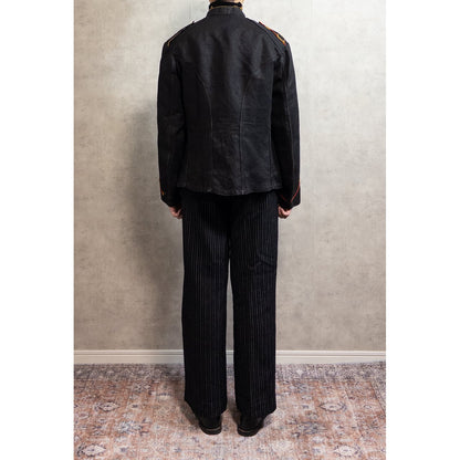 1900s Special "French Antique" Black Herringbone Linen Fireman Jacket, Big Size