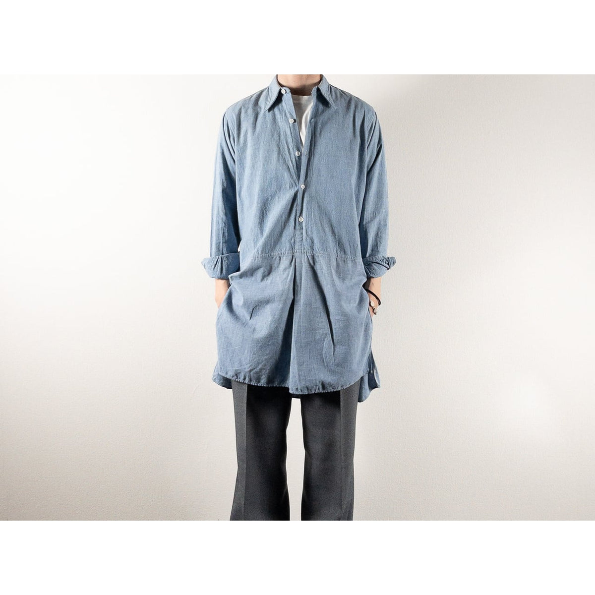 1930s-40s "French Vintage" Cotton Blue Chambray Grandpa Work Shirt