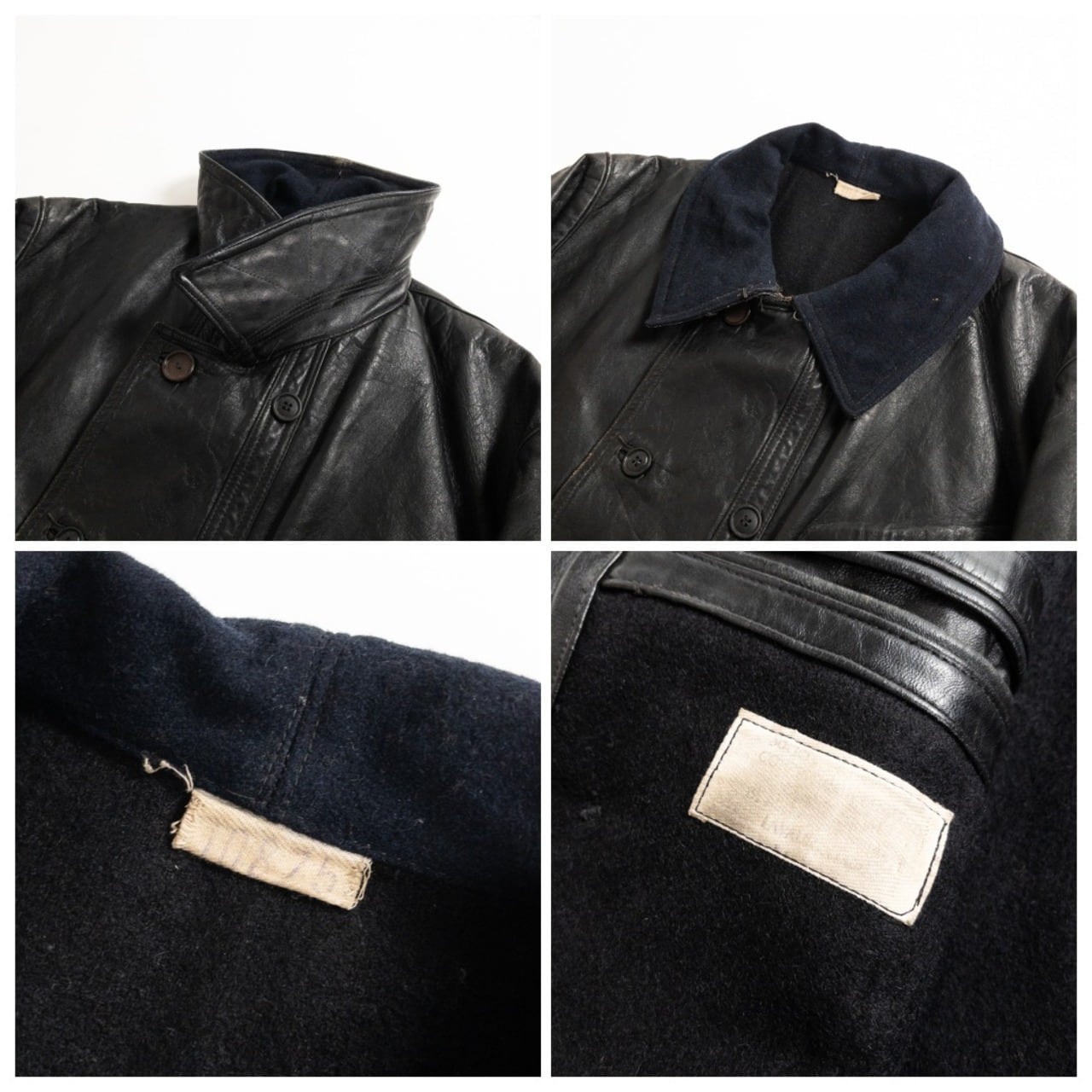 1940s "Le Corbusier" French Black Leather Double Breasted Jacket with Wool Collar