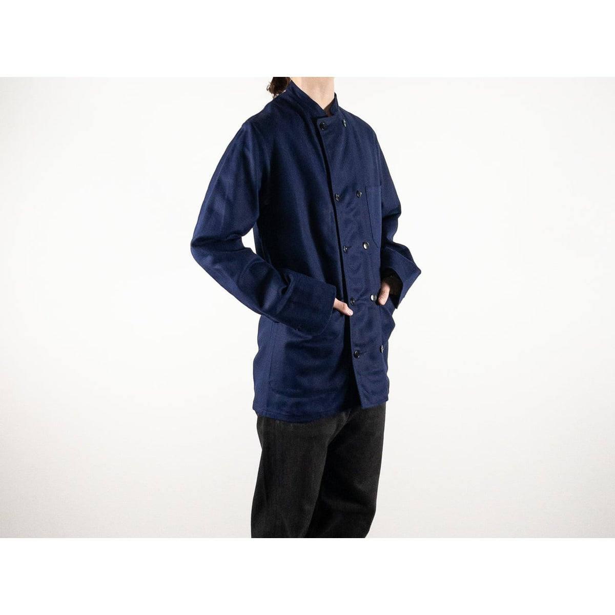 1960s "French Vintage" Blue Cotton Twill Mechanic Double Breasted Work Jacket, Dead Stock