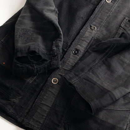1930s "Le Mont Rouge" Faded Patchwork Black Moleskin Work Jacket with V Pockets