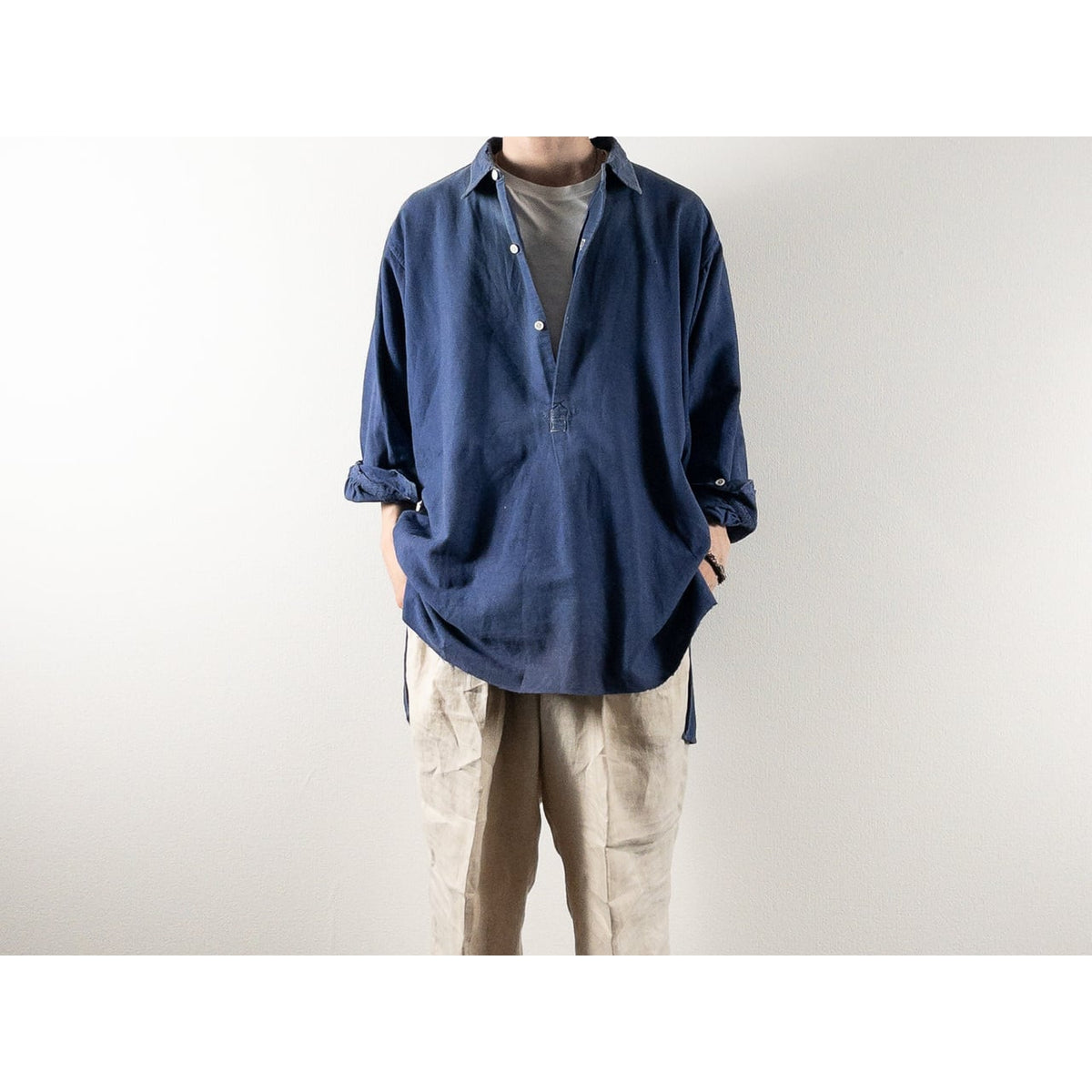 1940s "French Vintage" Faded Blue Cotton Twill Grandpa Work Shirt